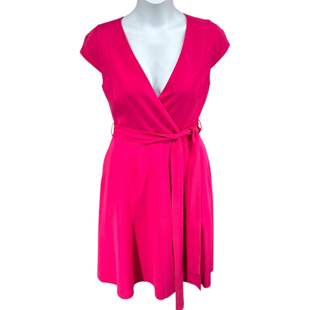 Pink Faux‎ Wrap Belted Sheath Dress Cap Sleeve Pockets Size 10 Black Halo